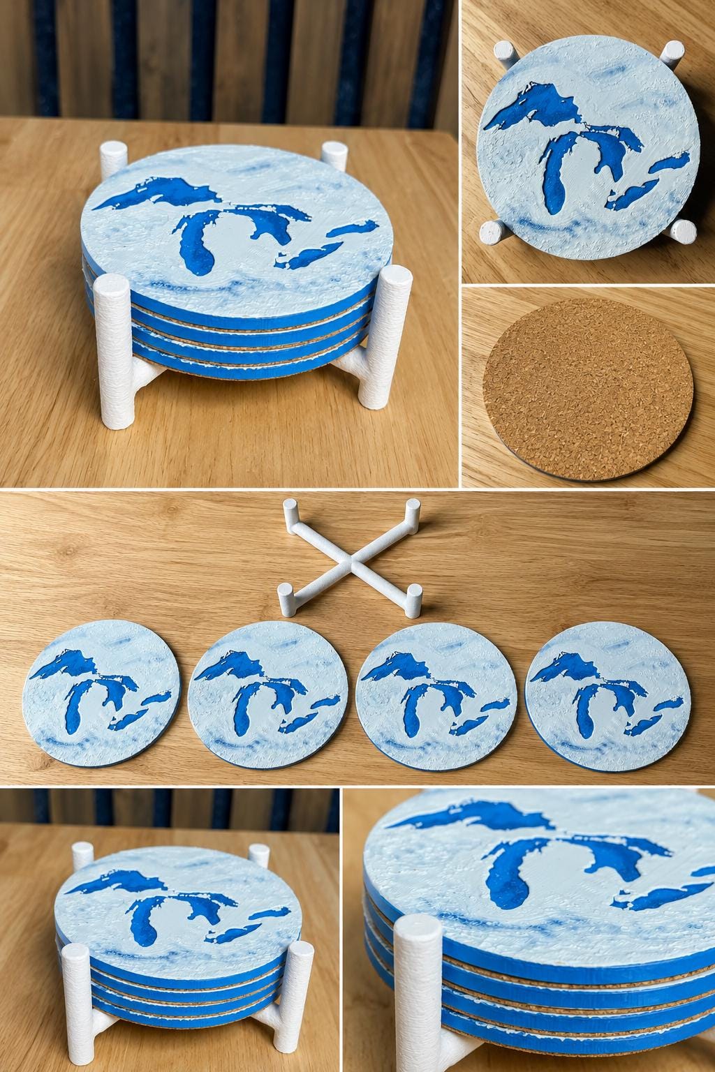 Great Lakes Drink Coaster Set – 4pc with Holder, Cork Bottoms, Custom, Midwest Décor