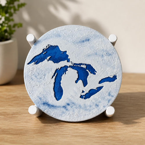 Great Lakes Drink Coaster Set – 4pc with Holder, Cork Bottoms, Custom, Midwest Décor