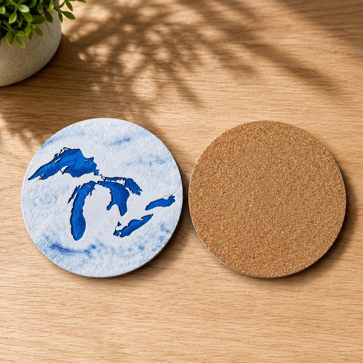Great Lakes Drink Coaster Set – 4pc with Holder, Cork Bottoms, Custom, Midwest Décor