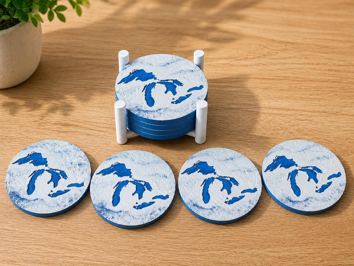 Great Lakes Drink Coaster Set – 4pc with Holder, Cork Bottoms, Custom, Midwest Décor