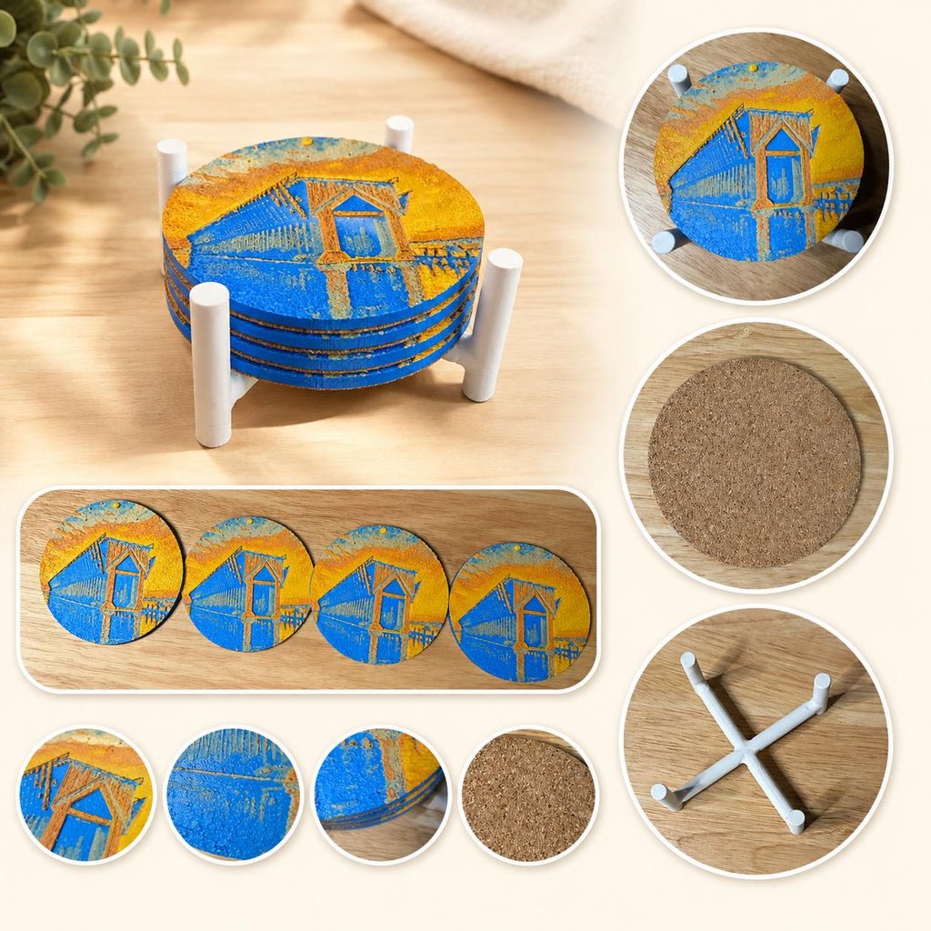 Marquette Ore Dock Coaster Set – 4pc with Holder, Cork Bottoms, Custom, UP Michigan Décor