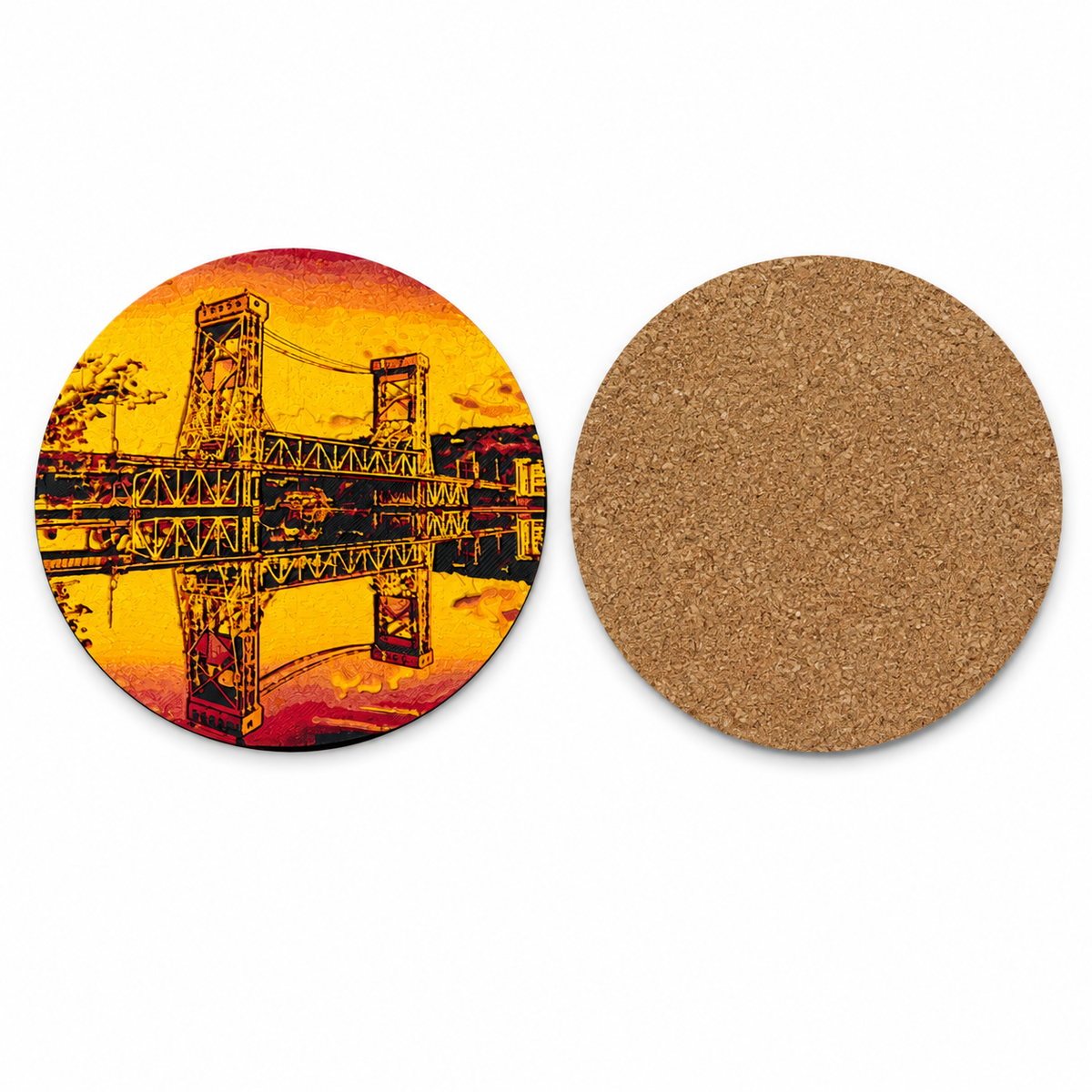 Portage Lake Lift Bridge Drink Coaster Set – 4pc with Holder, Cork Bottoms, Custom, Houghton, Hancock