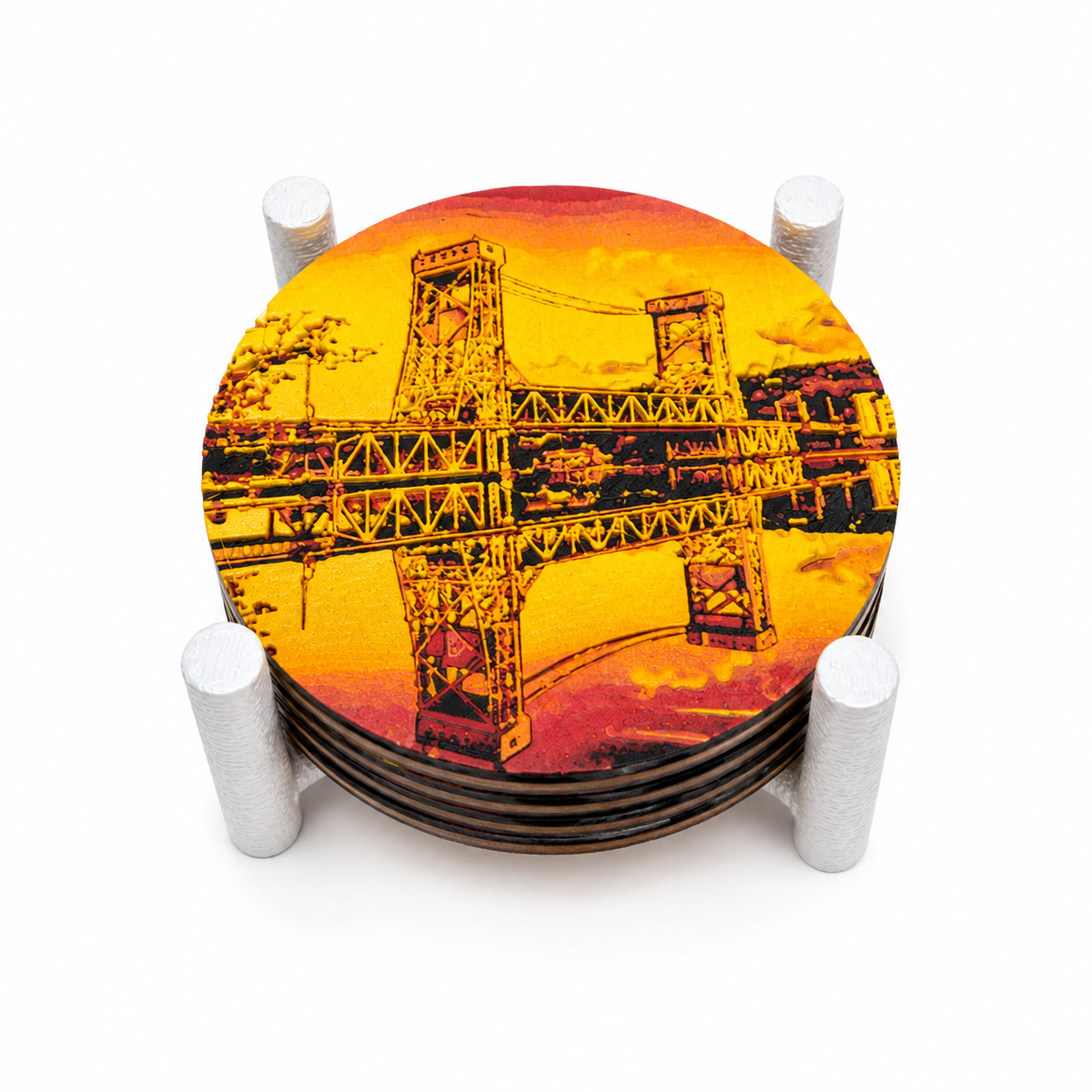 Portage Lake Lift Bridge Drink Coaster Set – 4pc with Holder, Cork Bottoms, Custom, Houghton, Hancock