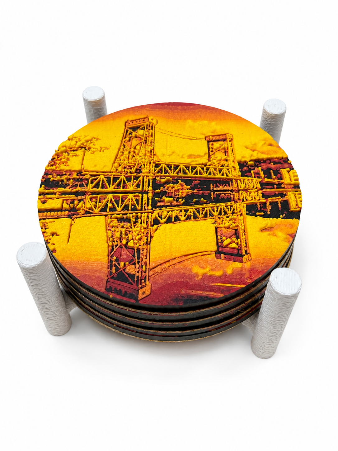 Portage Lake Lift Bridge Drink Coaster Set – 4pc with Holder, Cork Bottoms, Custom, Houghton, Hancock