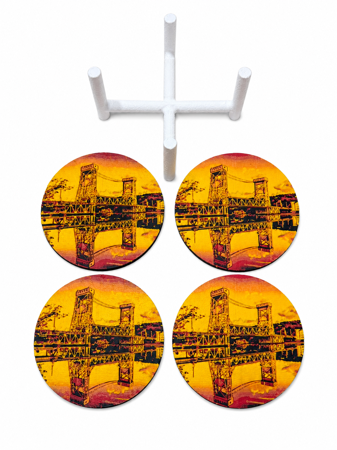 Portage Lake Lift Bridge Drink Coaster Set – 4pc with Holder, Cork Bottoms, Custom, Houghton, Hancock