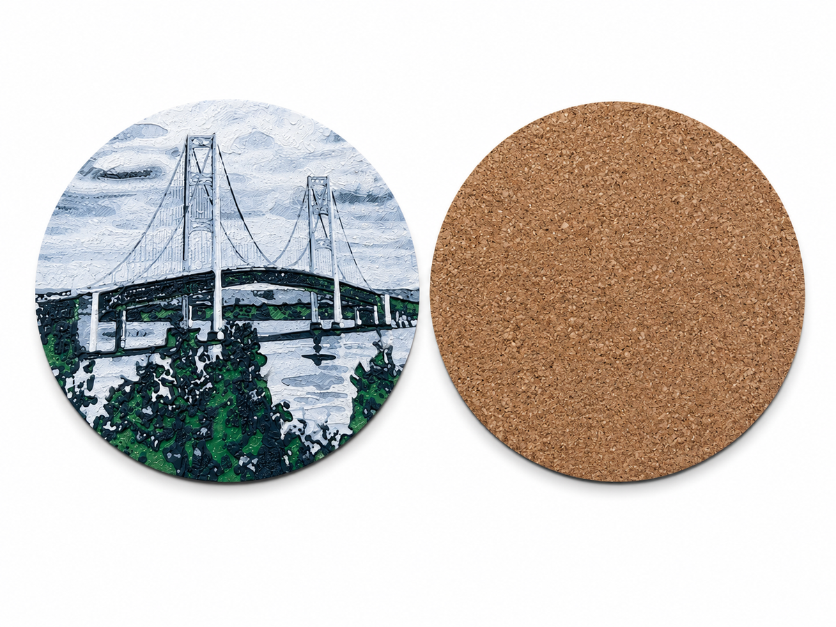 Mackinac Bridge Drink Coaster Set – 4pc with Holder, Cork Bottoms, Custom, Midwest Décor