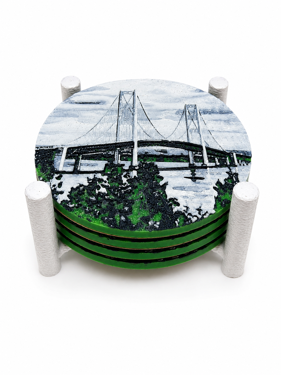 Mackinac Bridge Drink Coaster Set – 4pc with Holder, Cork Bottoms, Custom, Midwest Décor