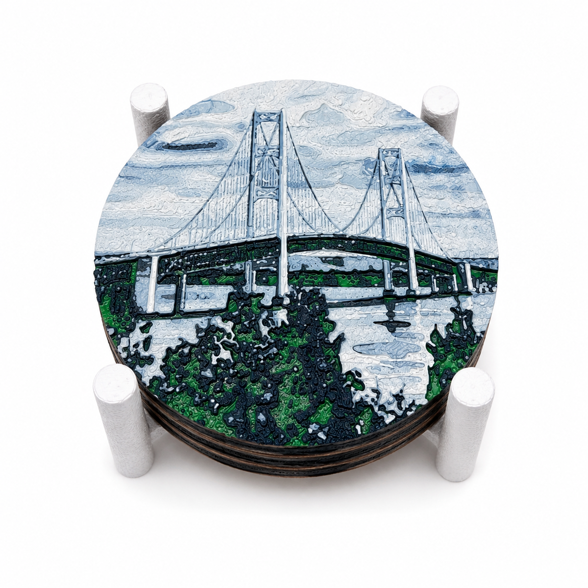 Mackinac Bridge Drink Coaster Set – 4pc with Holder, Cork Bottoms, Custom, Midwest Décor