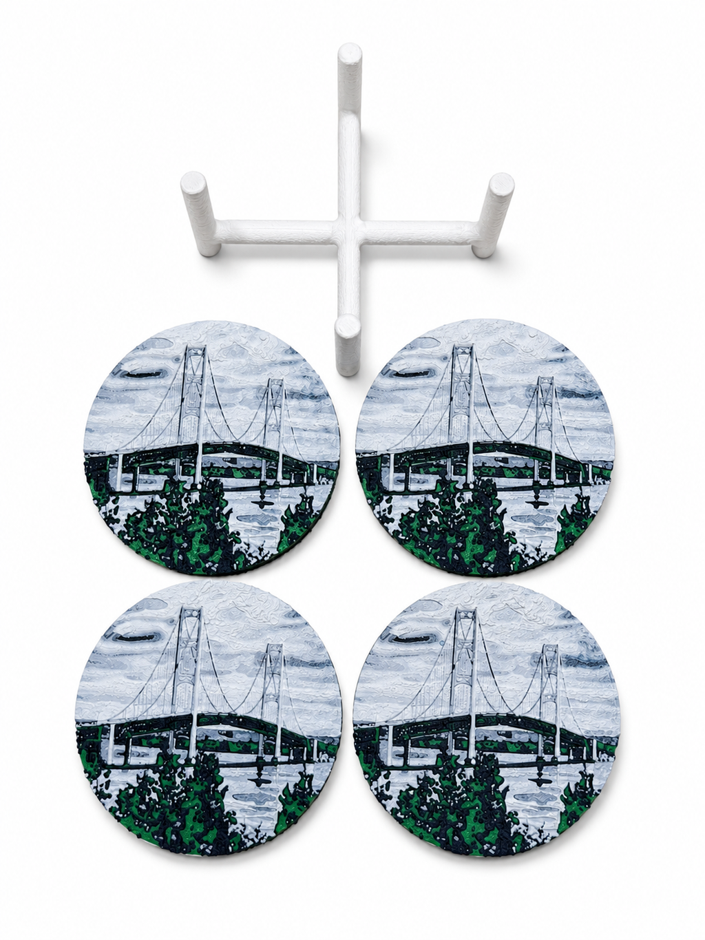 Mackinac Bridge Drink Coaster Set – 4pc with Holder, Cork Bottoms, Custom, Midwest Décor