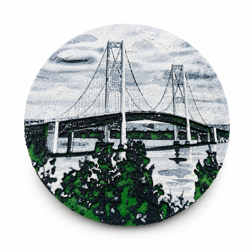 Mackinac Bridge Drink Coaster Set – 4pc with Holder, Cork Bottoms, Custom, Midwest Décor