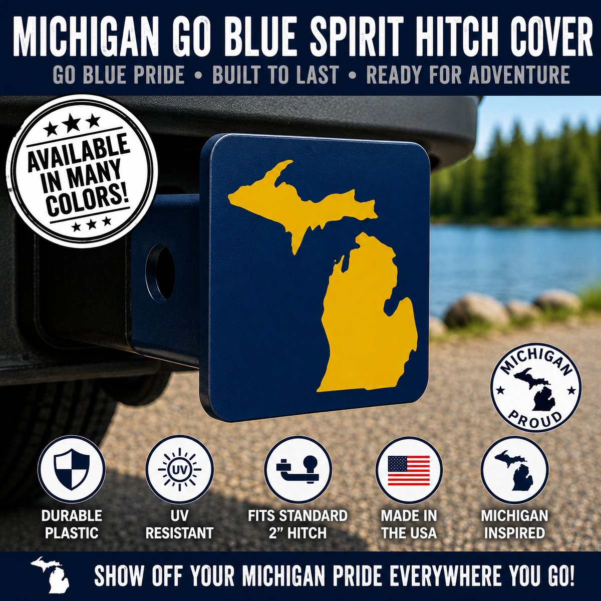 Michigan Go Blue Spirit Hitch Cover - 2" - State of Michigan or U.P.